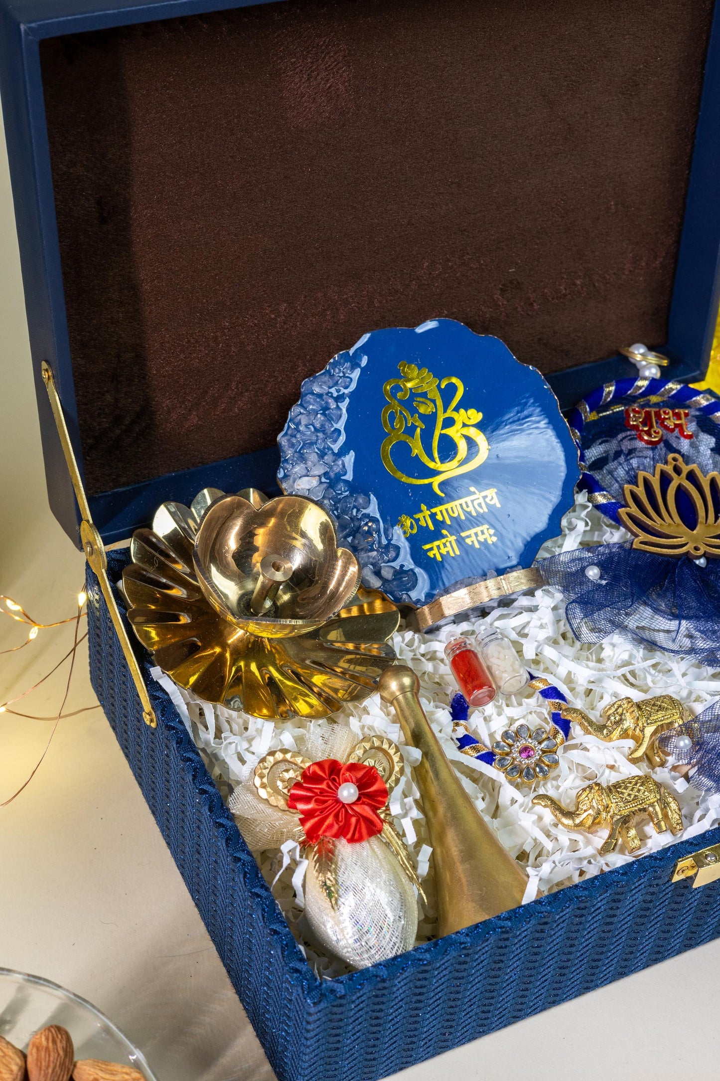 Divine Indulgence Box with Brass Décor, Ganesh Idol, and Festive Essentials