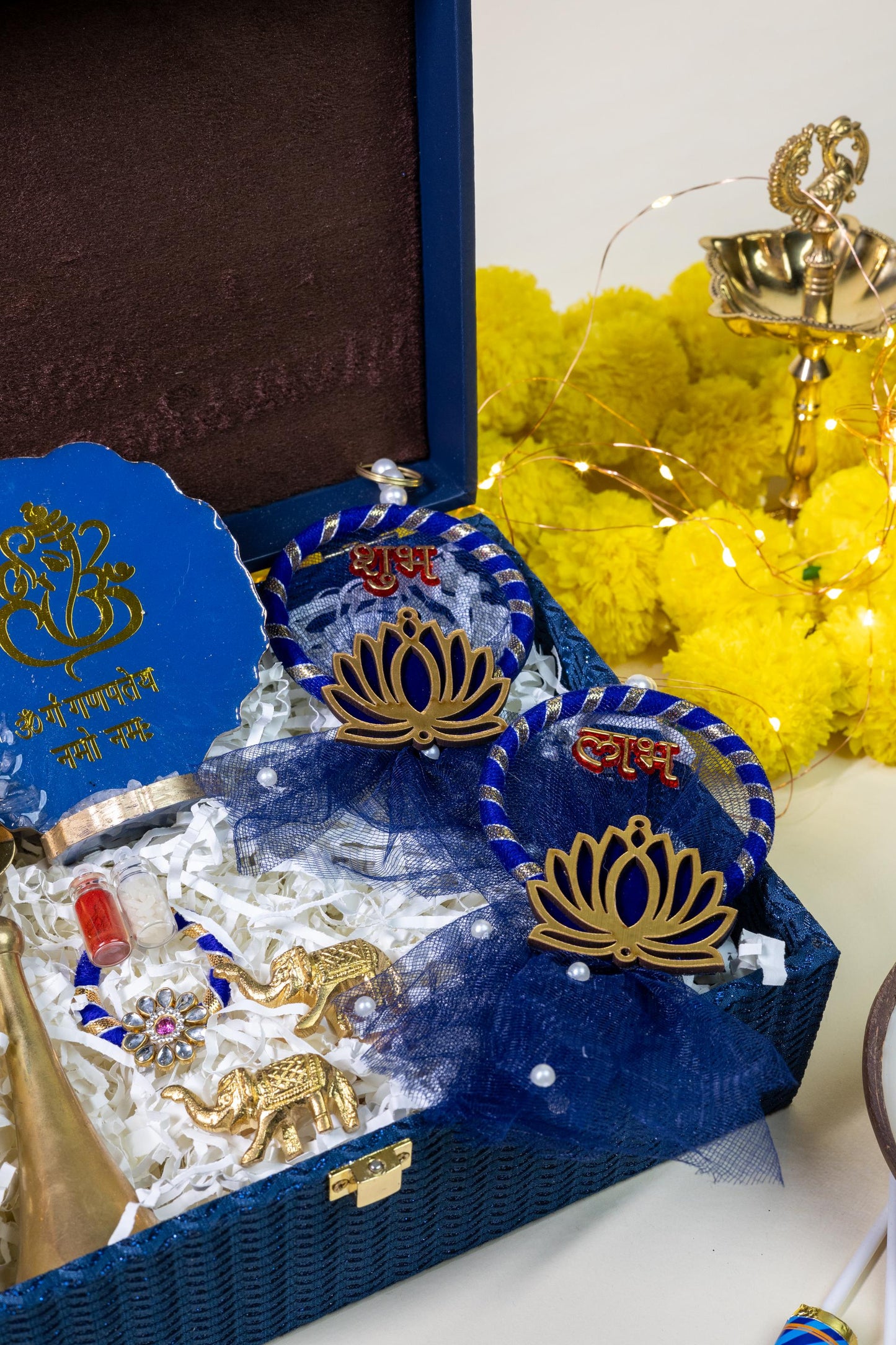 Divine Indulgence Box with Brass Décor, Ganesh Idol, and Festive Essentials