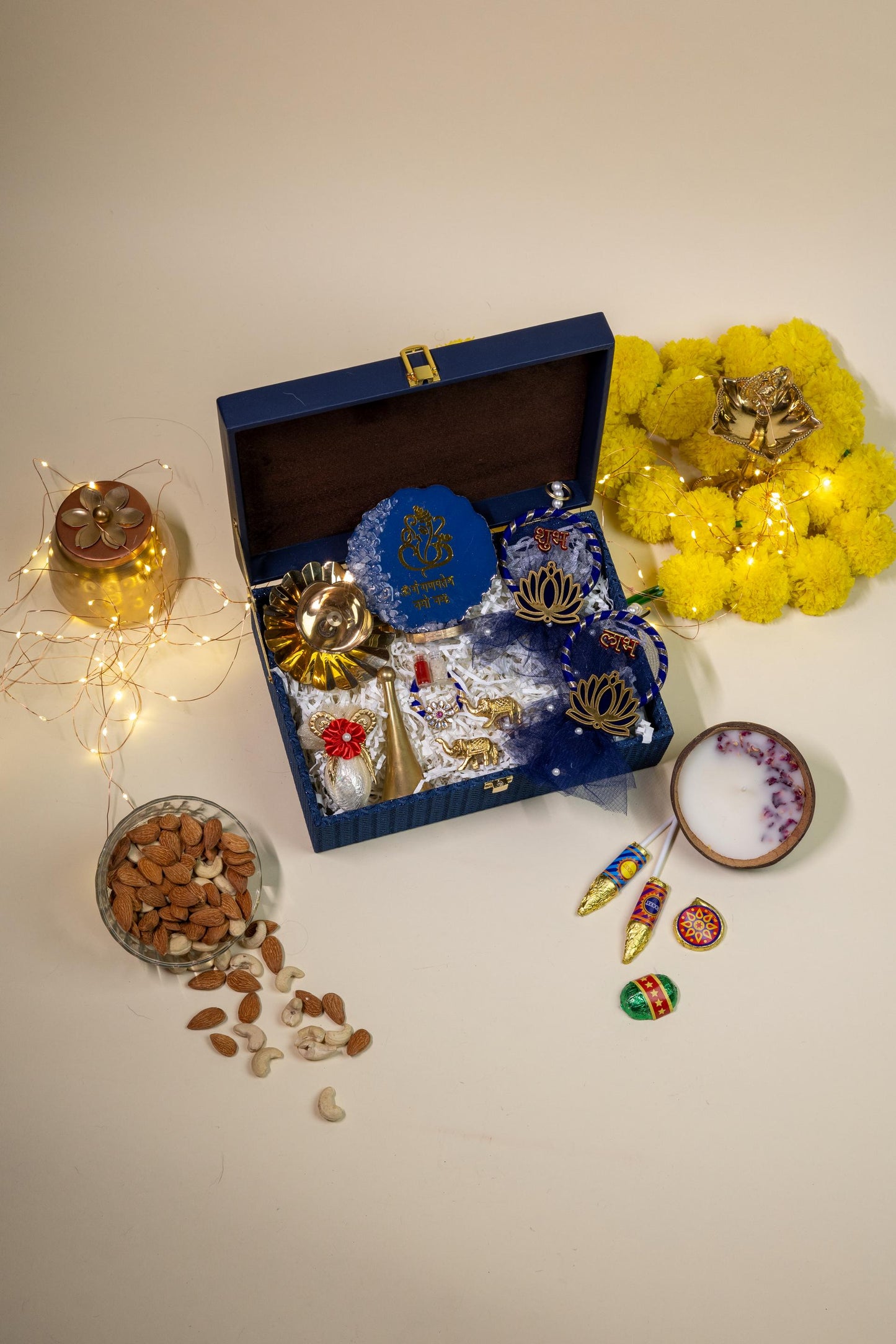 Divine Indulgence Box with Brass Décor, Ganesh Idol, and Festive Essentials
