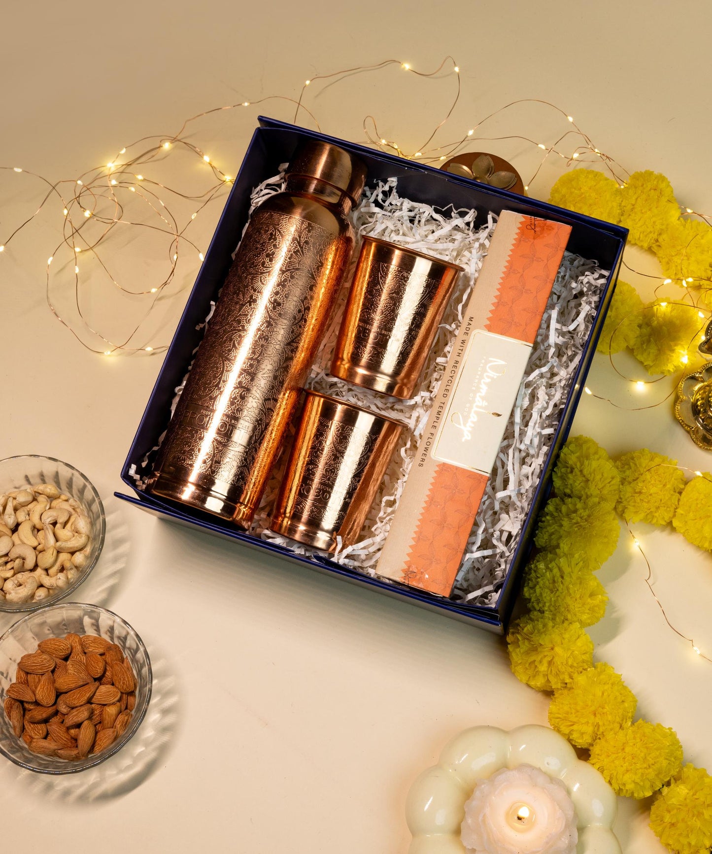 Copper Glow Hamper with Bottle, Glass Set, and Incense Sticks
