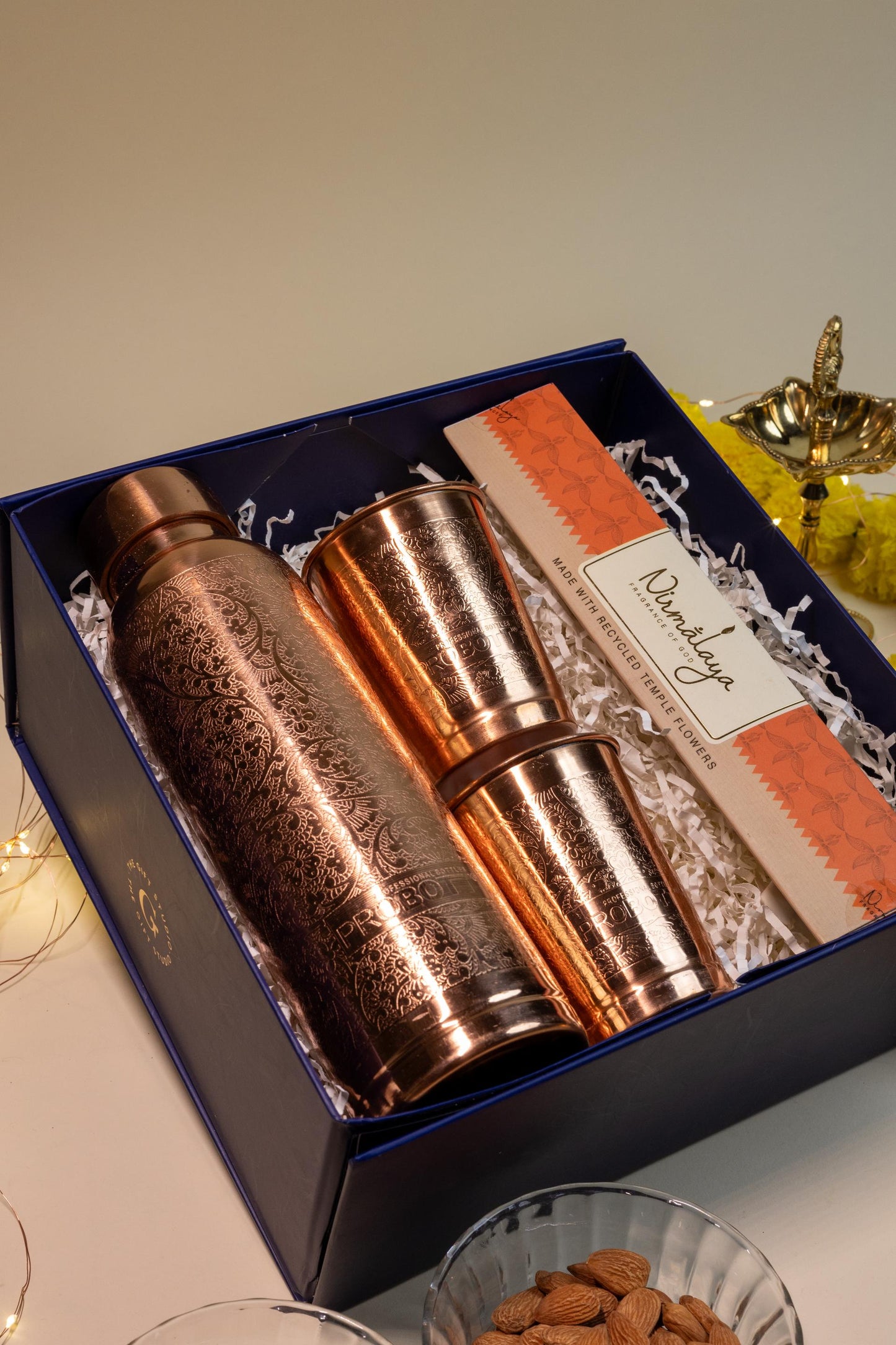 Copper Glow Hamper with Bottle, Glass Set, and Incense Sticks