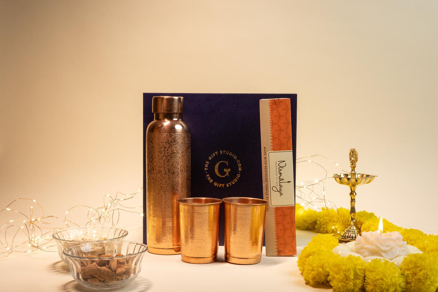 Copper Glow Hamper with Bottle, Glass Set, and Incense Sticks