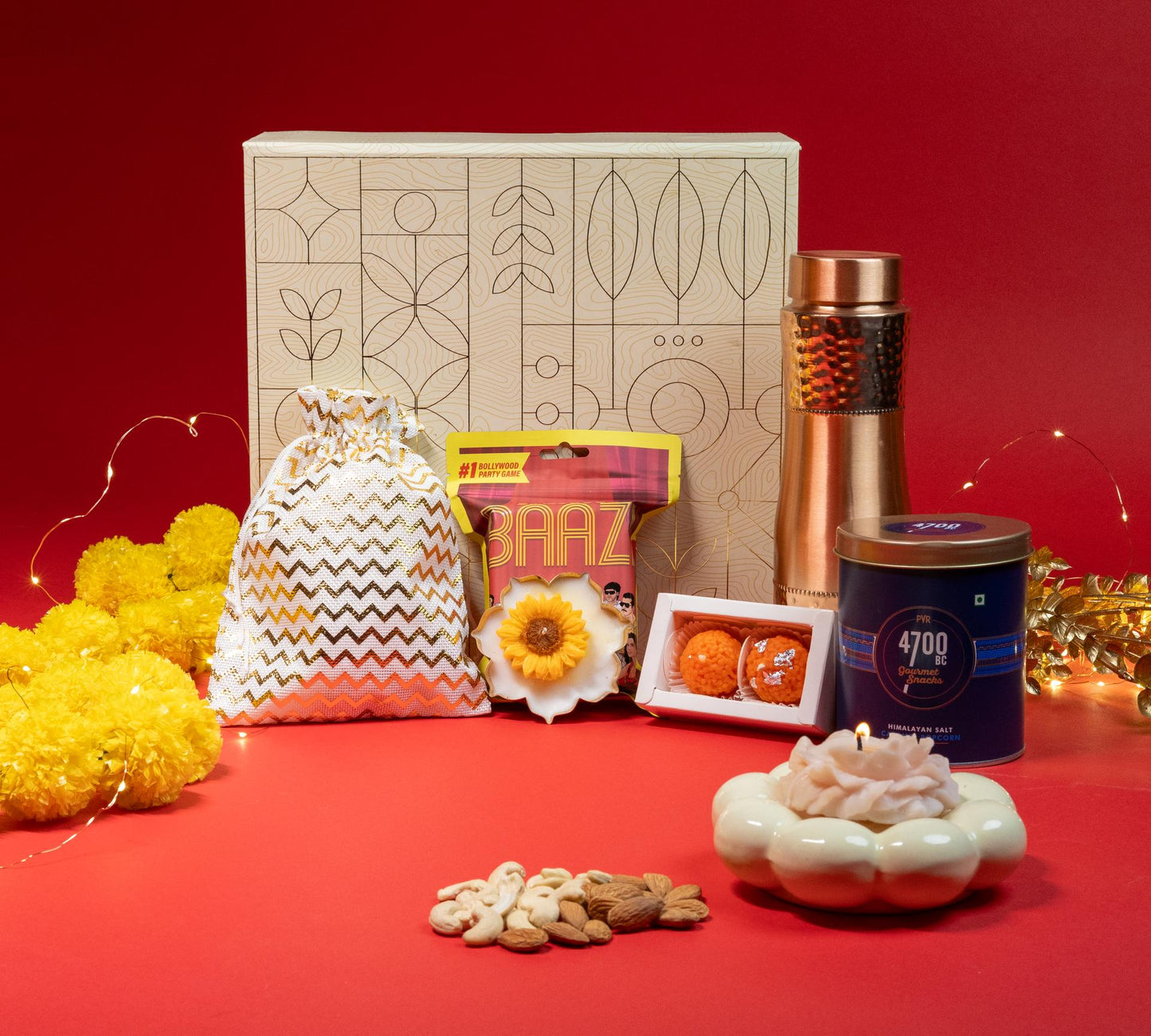 Royal Utsav Hamper with Copper Bottle, Snacks, Candles, and Game
