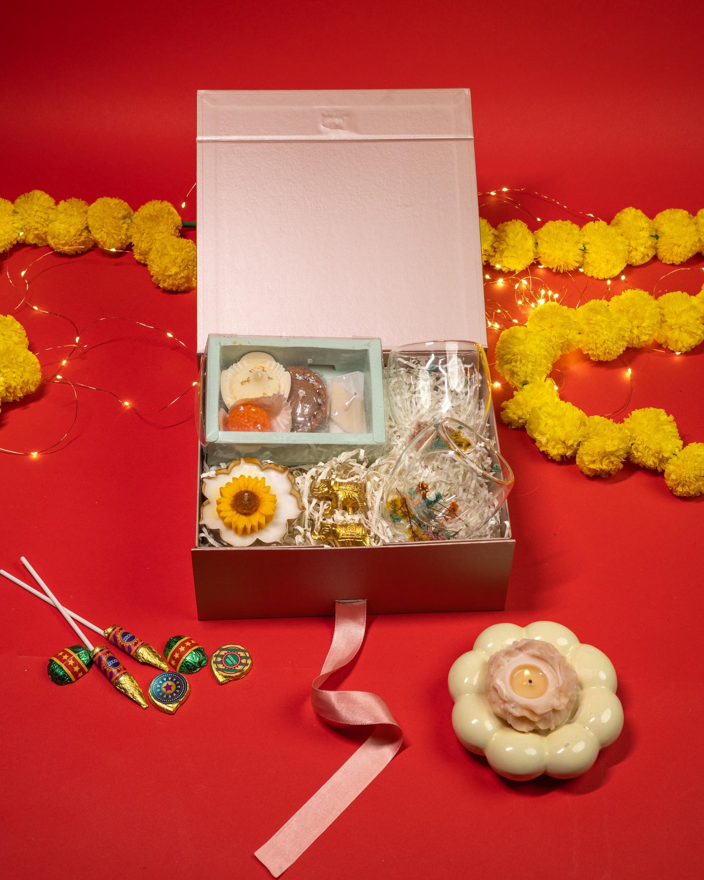 Royal Diwali Hamper with Decorative Candle, Brass Elephant, and Dry Flowers