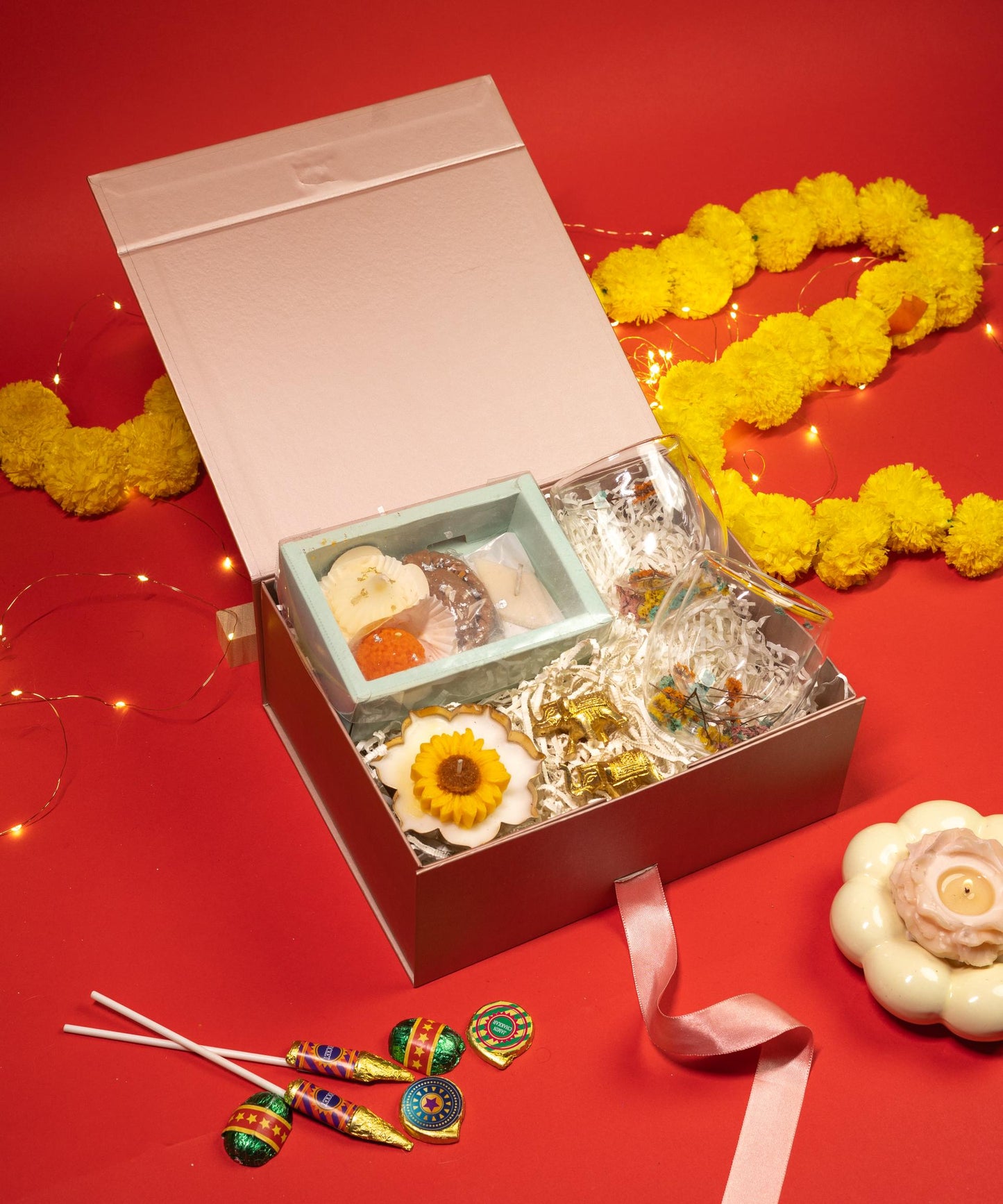 Royal Diwali Hamper with Decorative Candle, Brass Elephant, and Dry Flowers