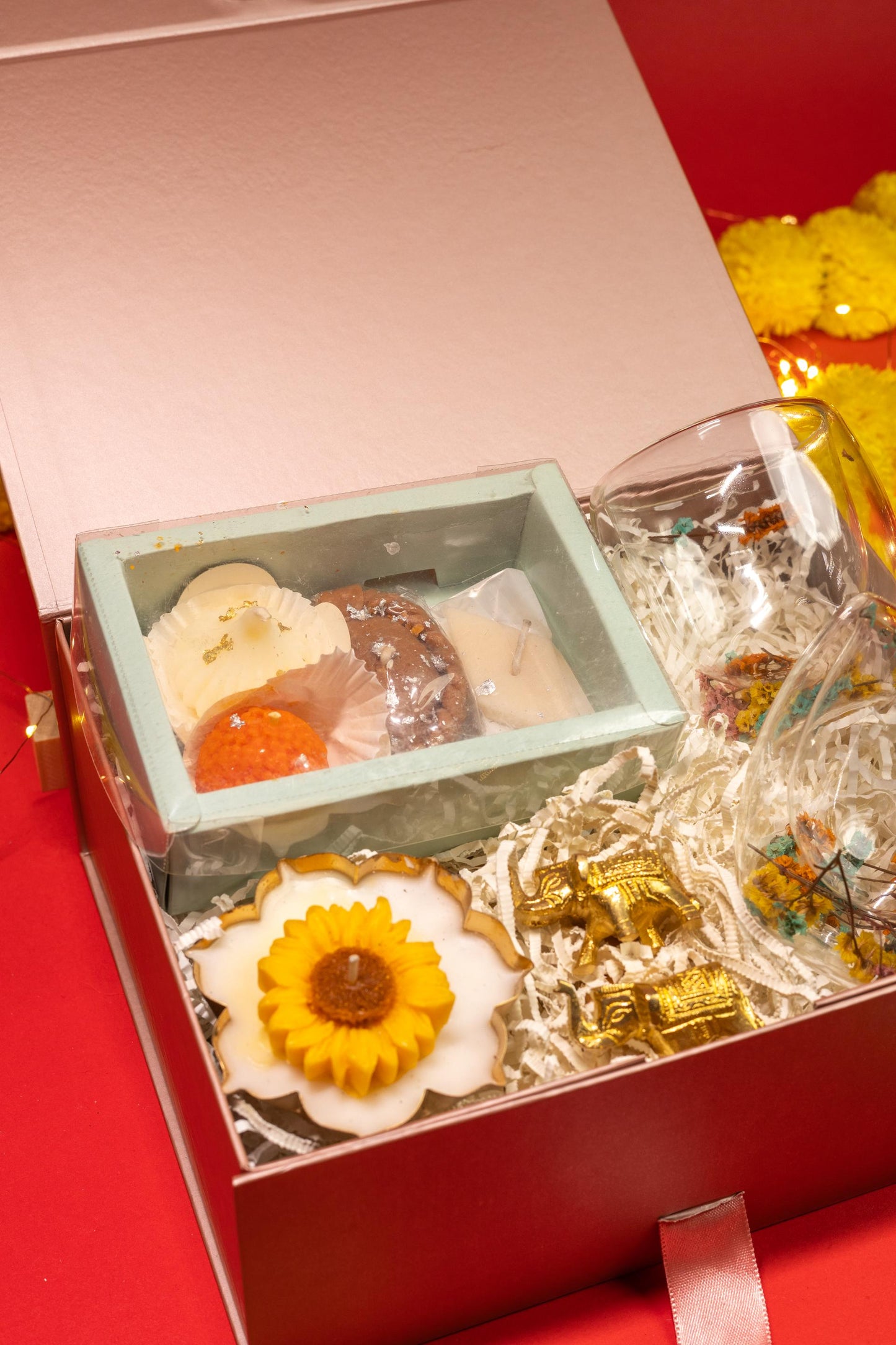 Royal Diwali Hamper with Decorative Candle, Brass Elephant, and Dry Flowers