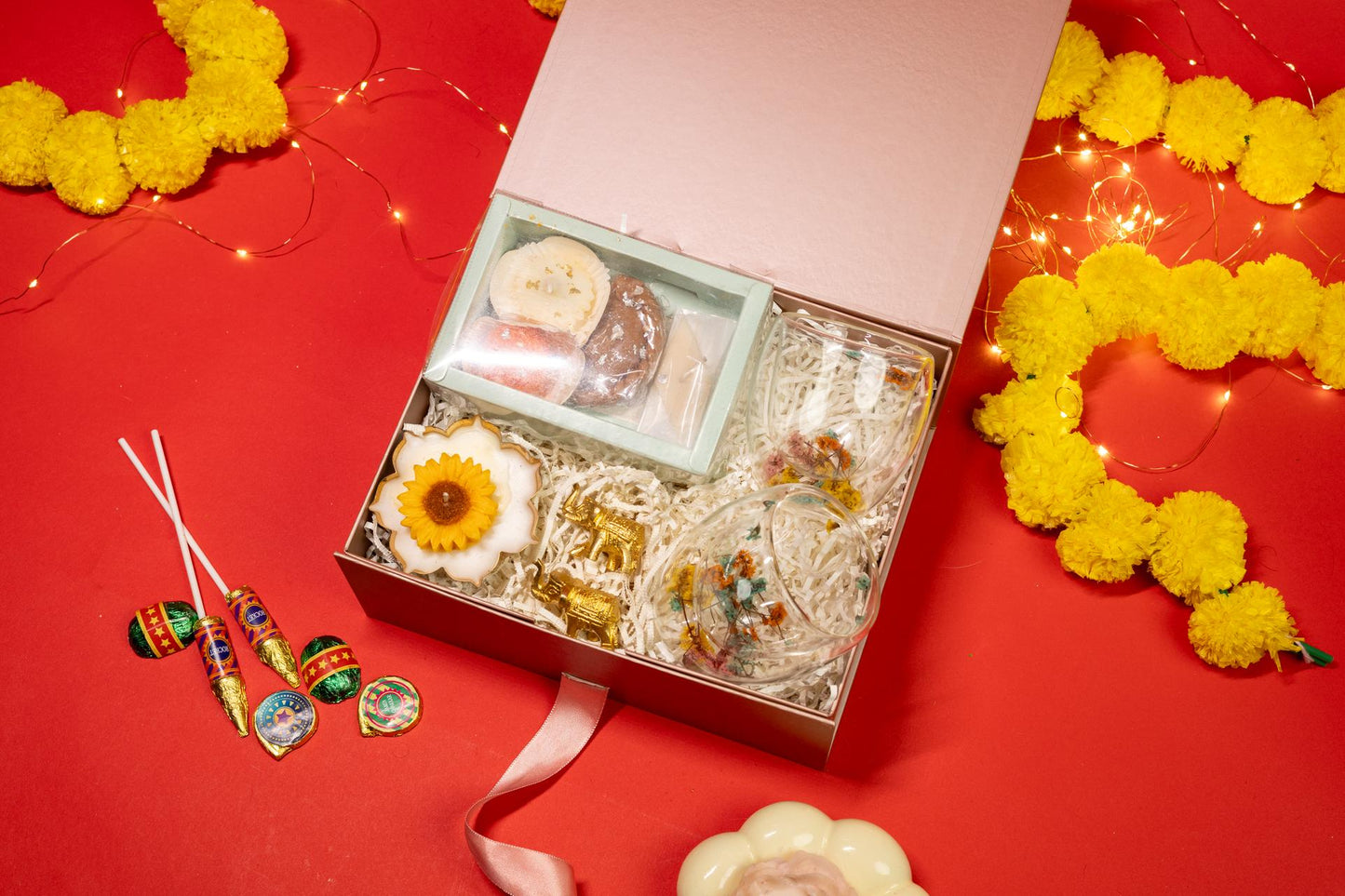 Royal Diwali Hamper with Decorative Candle, Brass Elephant, and Dry Flowers