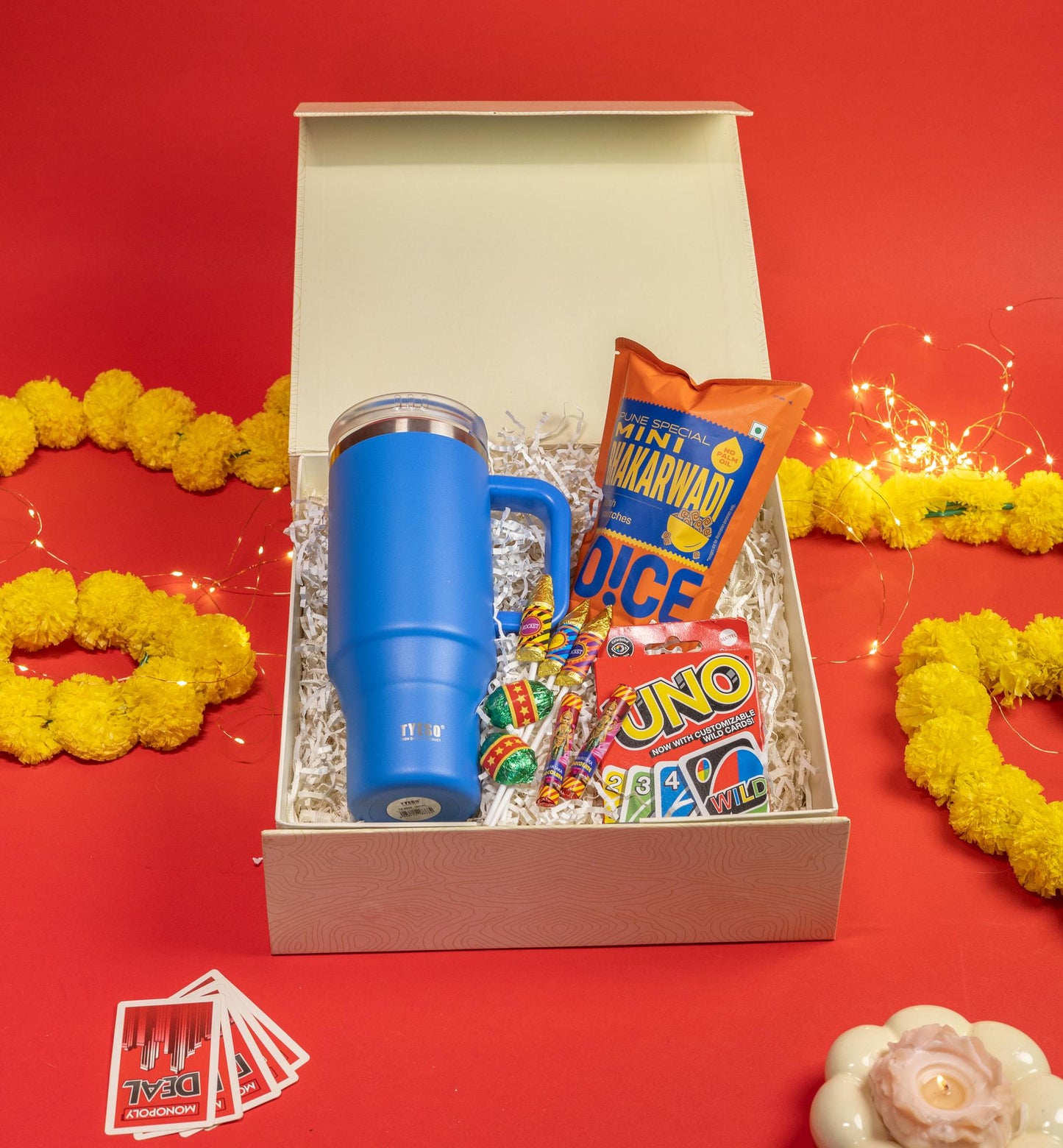 Festive Fusion Hamper with Tumbler, Snacks, Chocolates, and Game