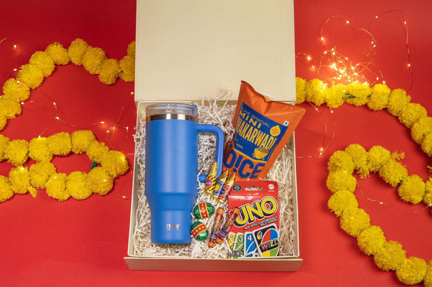 Festive Fusion Hamper with Tumbler, Snacks, Chocolates, and Game