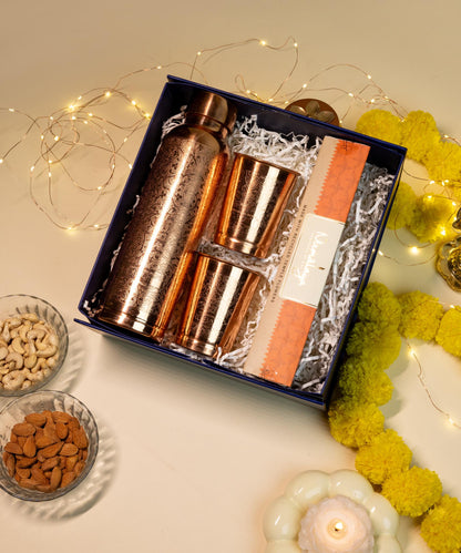 Copper Glow Hamper with Bottle, Glass Set, and Incense Sticks