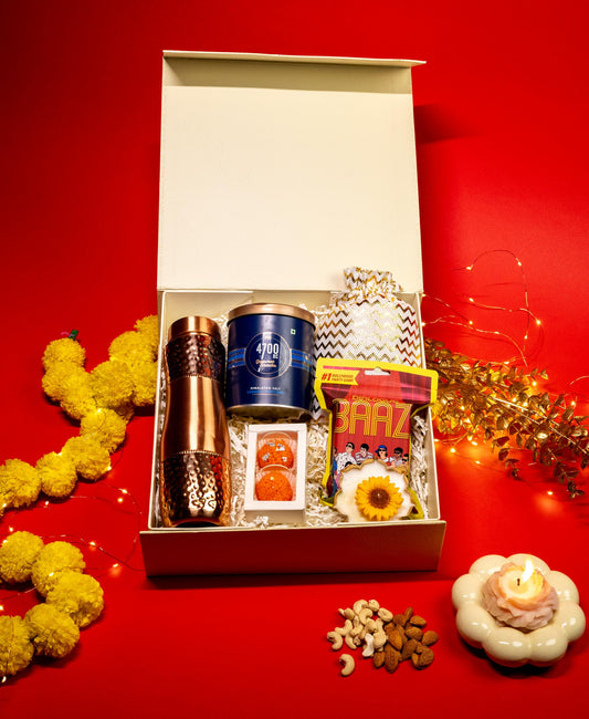 Royal Utsav Hamper with Copper Bottle, Snacks, Candles, and Game