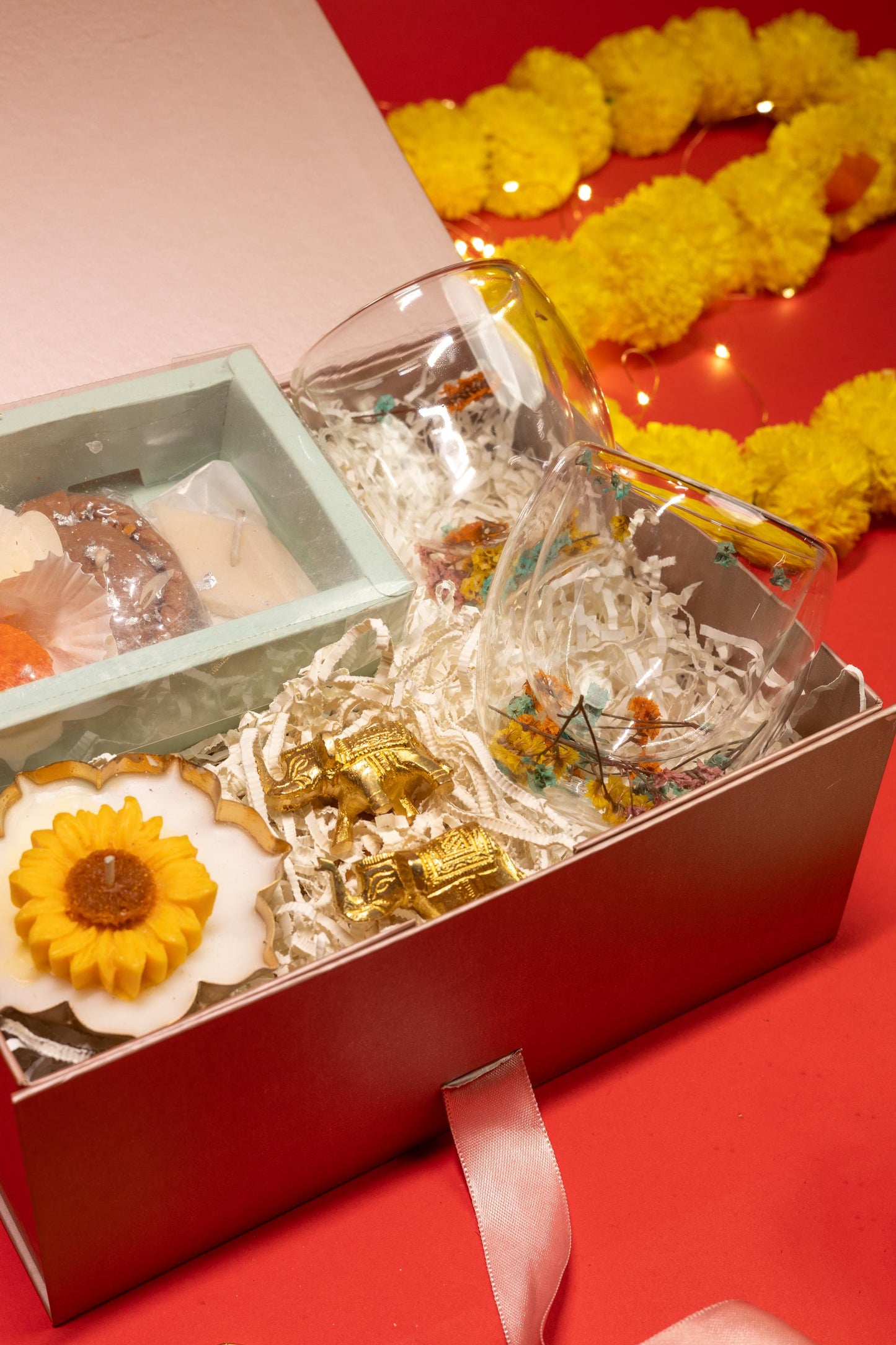 Royal Diwali Hamper with Decorative Candle, Brass Elephant, and Dry Flowers