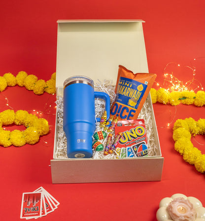 Festive Fusion Hamper with Tumbler, Snacks, Chocolates, and Game
