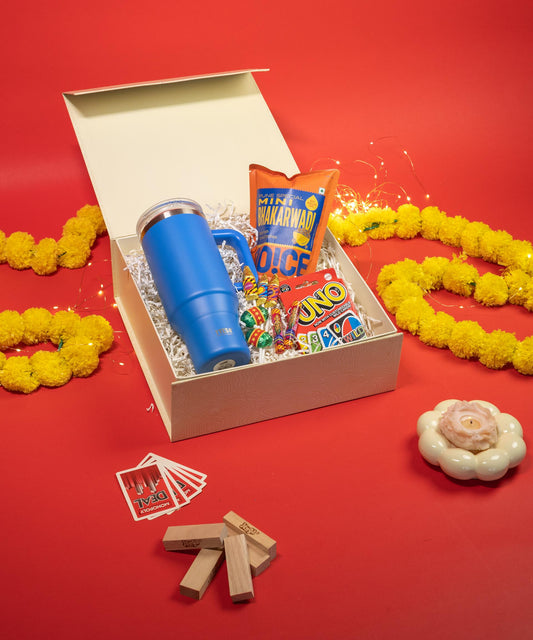 Festive Fusion Hamper with Tumbler, Snacks, Chocolates, and Game