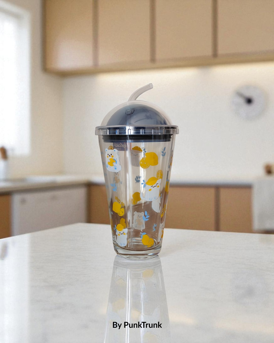 Glass Cartoon Sipper Bottle with Straw